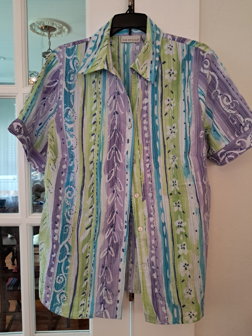 Kim Rogers Short-Sleeve Striped Floral Button-Up Shirt - Green/Blue/Purple